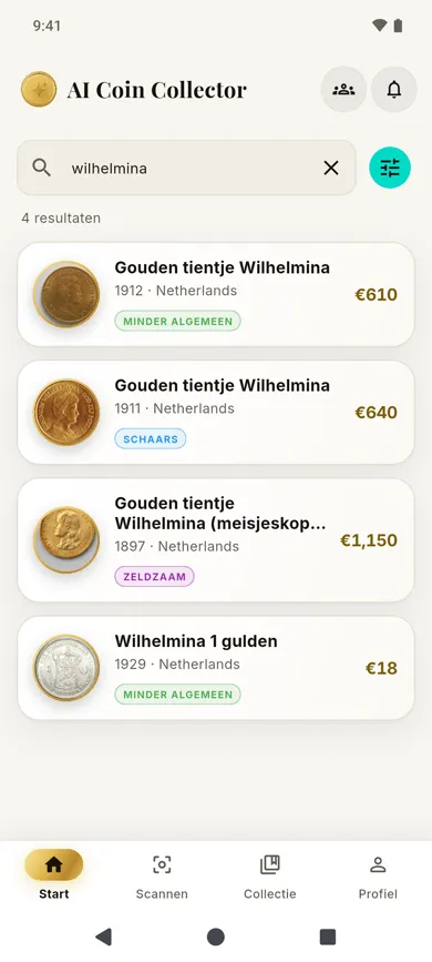Catalogue in the app: a search for wilhelmina returns four results, gold 10 guilder coins from 1912, 1911 and 1897 and the 1929 guilder, each with rarity and value.