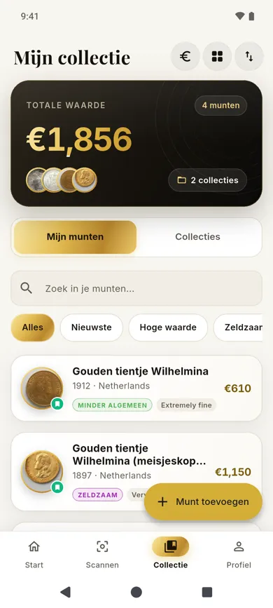 Collection screen in the app: total value €1,856 for 4 coins in 2 collections, search, filters and gold 10 guilder coins from 1912 (€610) and 1897 (€1,150).