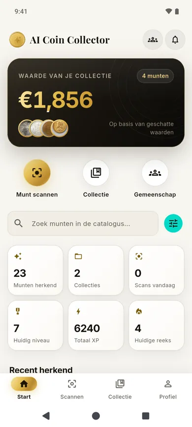 Home screen in the app: your collection value, buttons for scan, collection and community, and your recent identifications.