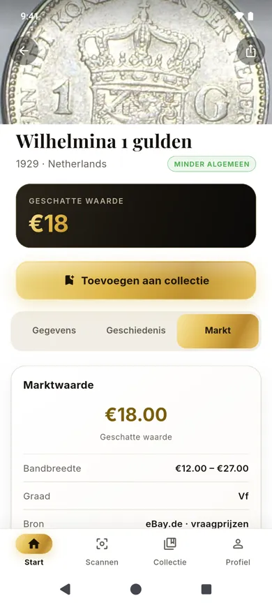 Market tab in the app: estimated value €18.00, range €12.00 to €27.00, grade Vf.