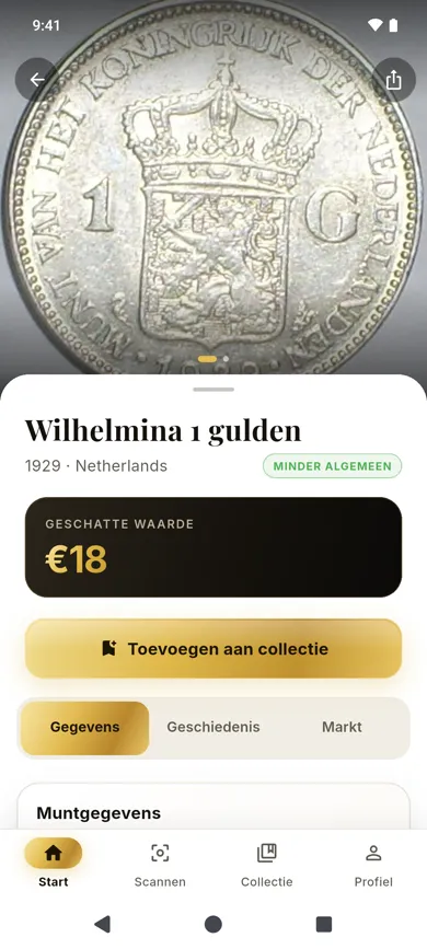 Result screen in the app: Wilhelmina 1 gulden, 1929, Netherlands, uncommon, estimated value €18, with the Add to collection button.